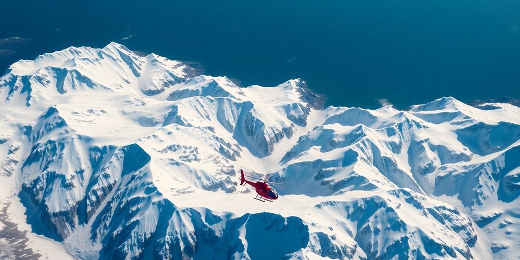 A small helicopter flies over vast, snow-covered Alaskan mountains.