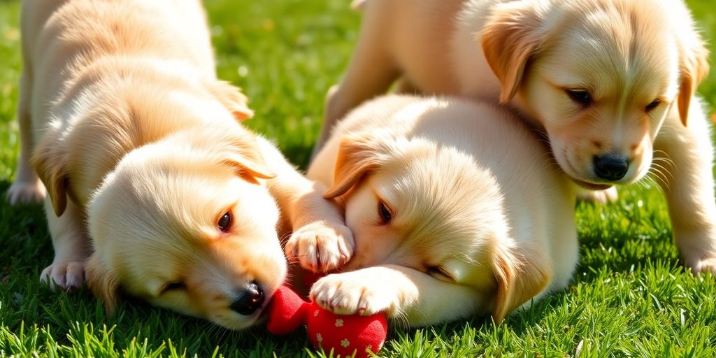 Cachorros juguetones en un jardín soleado.
