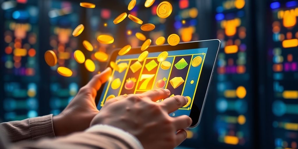 ภาพมือเล่นสล็อตดิจิทัลบนแท็บเล็ต, เหรียญทองคำ, แสงไฟสว่างไสว.