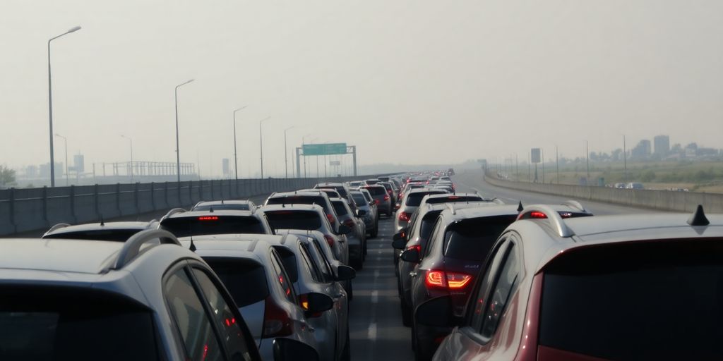 Voitures sur une autoroute bondée, embouteillage.