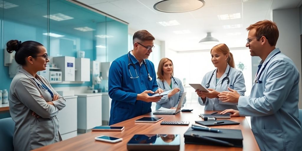 Ambiente hospitalar com profissionais discutindo marketing digital.