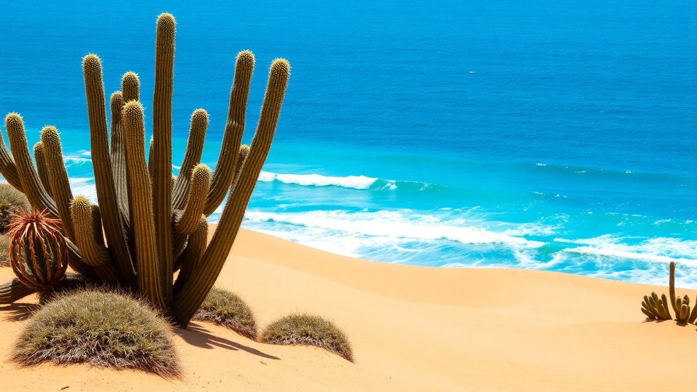Desert dunes meeting the ocean waves under a sunny sky.