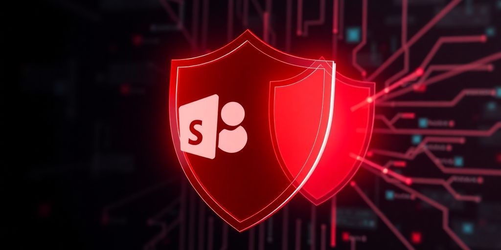 Un bouclier de sécurité protégeant une icône SharePoint.