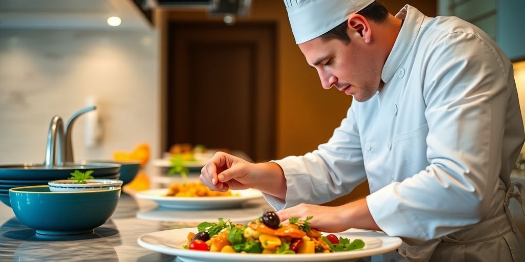 Celebrity chef preparing gourmet meal in Cabo kitchen.