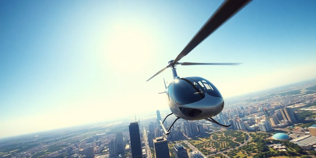 A sleek helicopter flying over a sprawling city skyline.