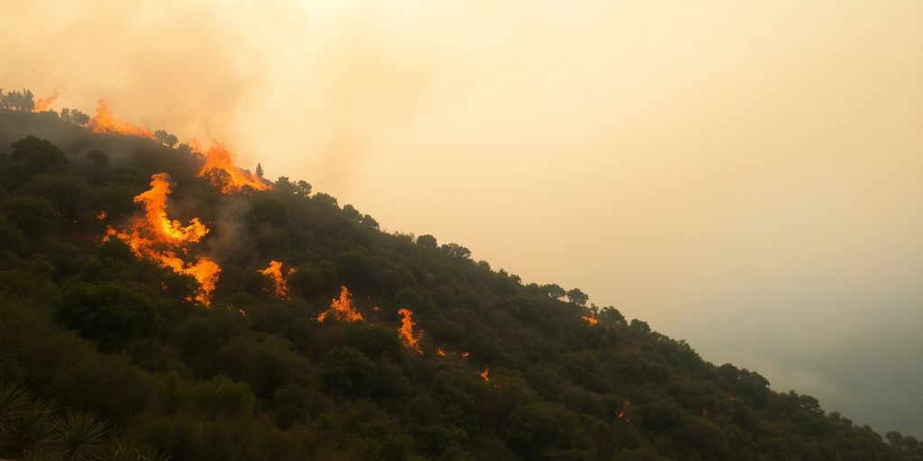 Flammes submergeant la végétation pyrénéenne sous un ciel enfumé.