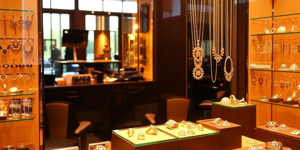 Vitrine de bijouterie avec divers bijoux en exposition.