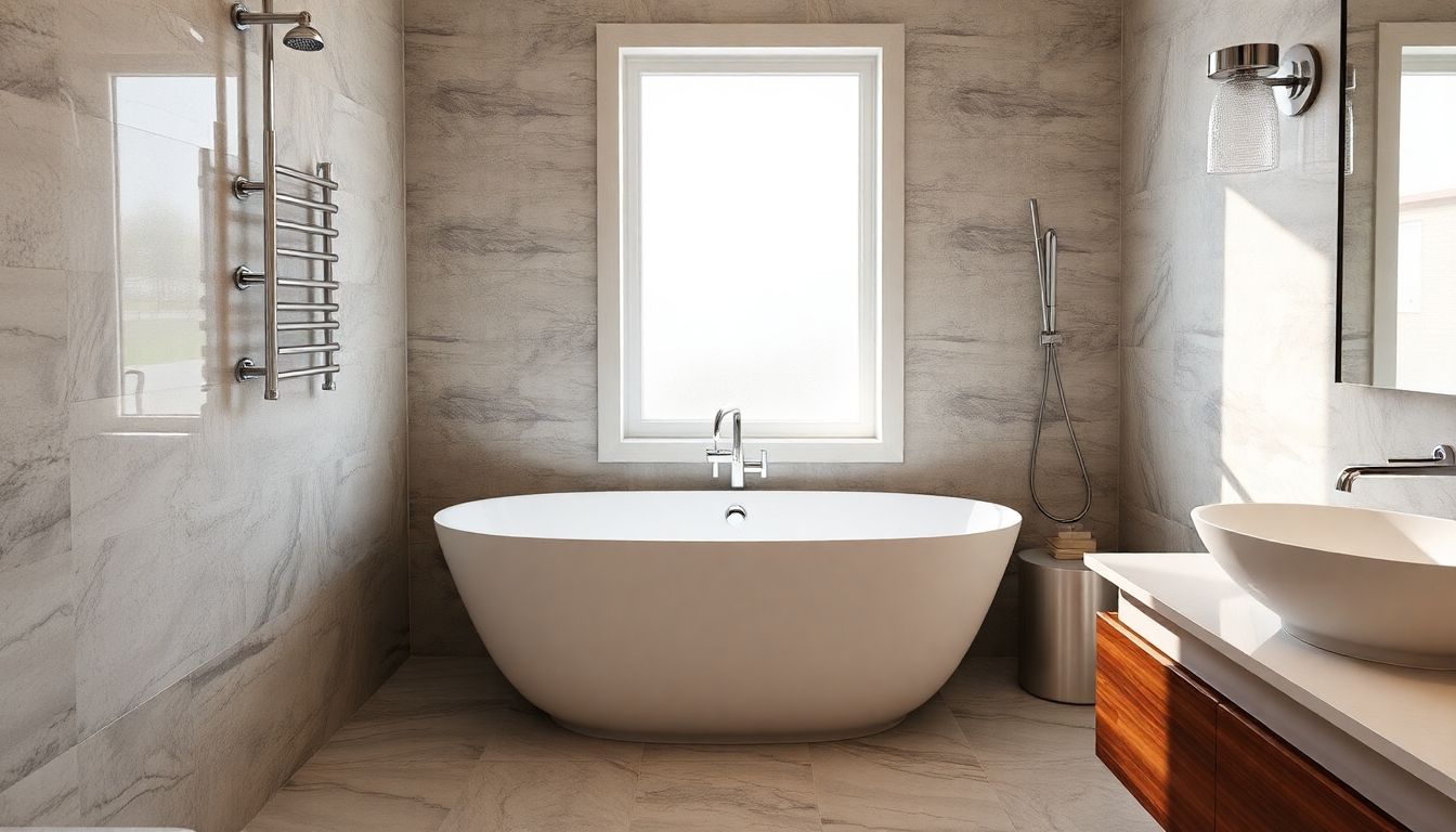 Modern bathroom with sleek bathtub and stylish tiles.