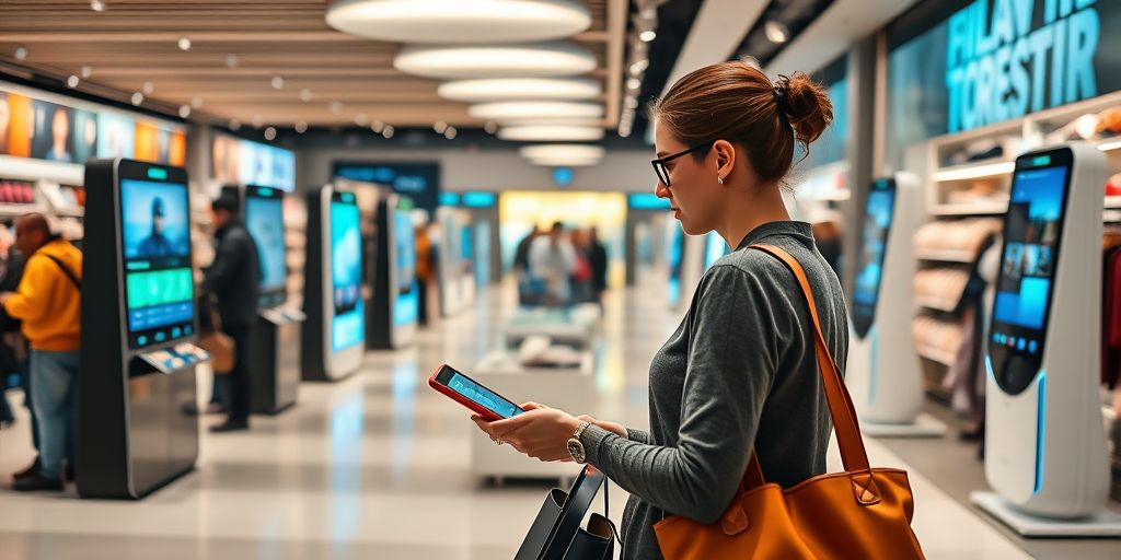 A shopper interacting with a smart assistant in-store.