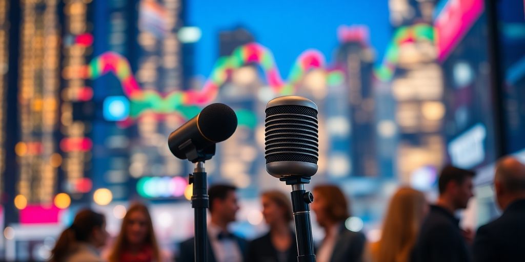 Financial ticker, bustling city, microphones, diverse people.