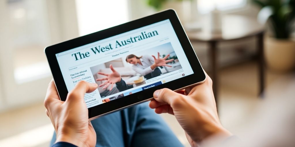 Tablet displaying West Australian newspaper, person holding it.