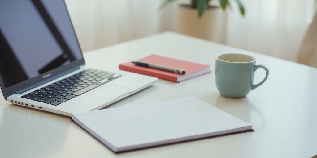 A laptop and notebook on a desk with coffee.