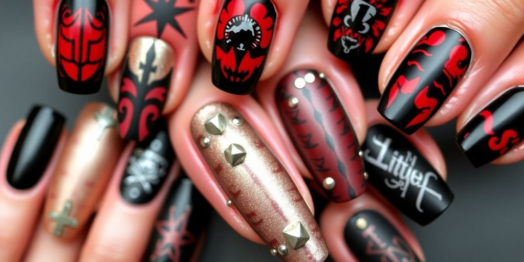 Unhas de rock com cores vibrantes e designs ousados.