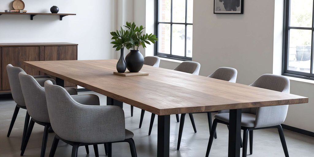 Modern dining room with a large wooden table and chairs.
