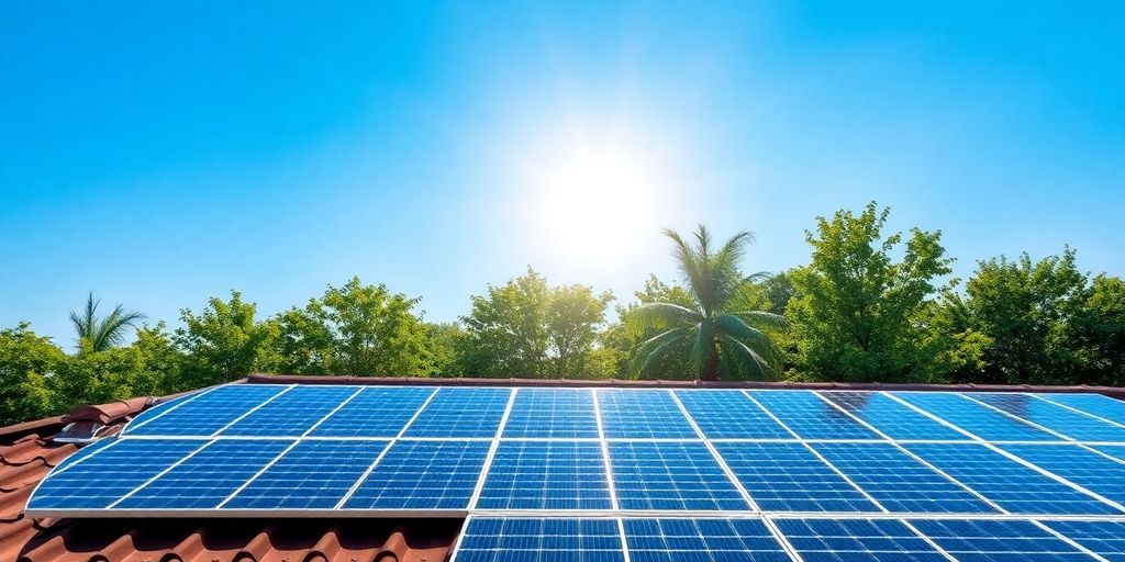 Solar panels on a rooftop with a clear blue sky.
