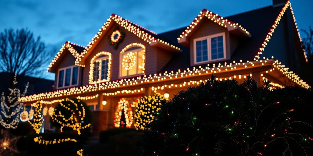 Decorated home exterior with colorful Christmas lights