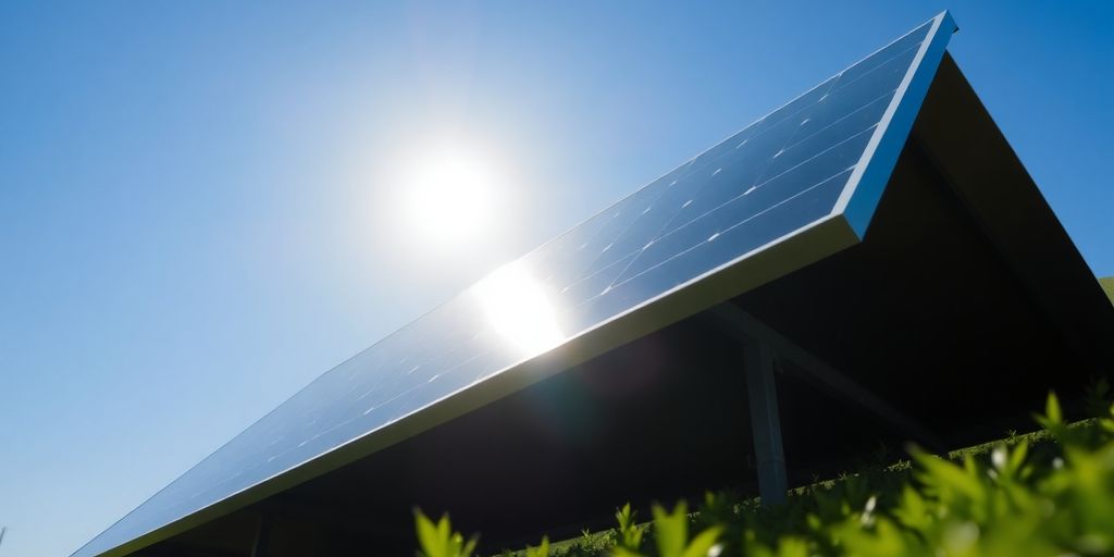 Solar panel tilted under a blue sky