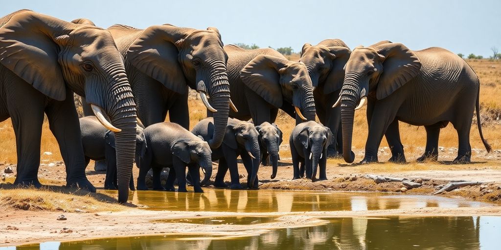 Elephants at watering hole, Ruaha National Park.
