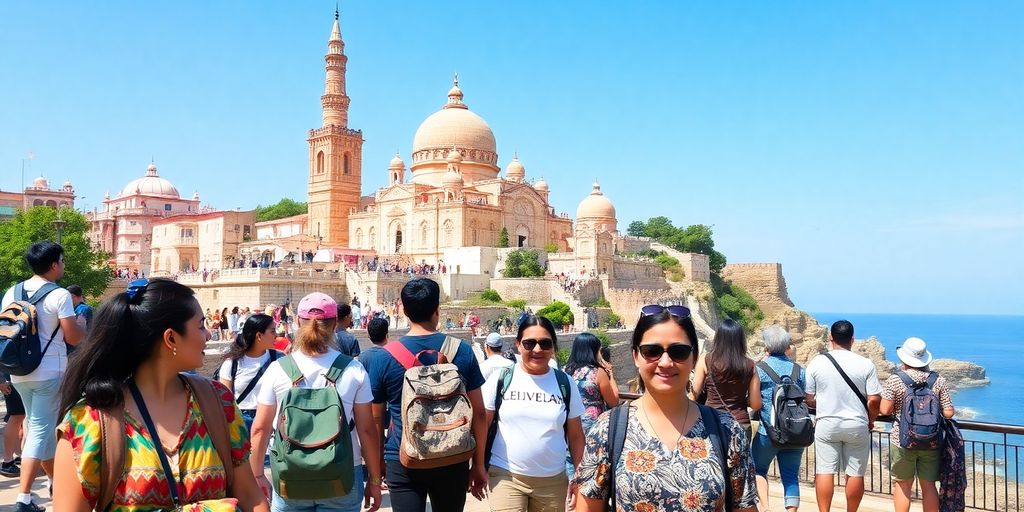 Diverse tourists enjoying a beautiful travel destination together.