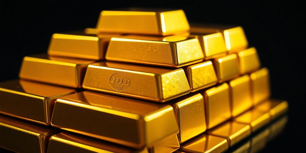 Barres d'or brillantes sur un fond sombre.