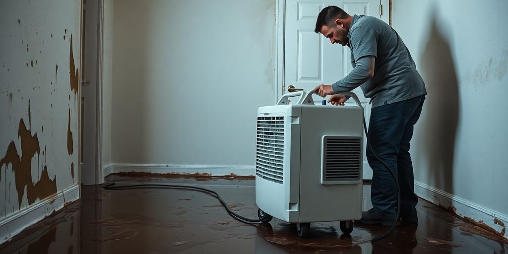 Technician using a dehumidifier in a wet room.