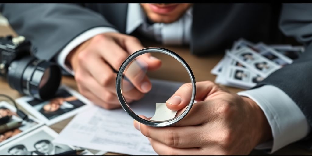 Private investigator examining evidence with a magnifying glass.