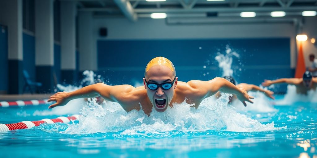 Swimmers racing in a sparkling blue pool.