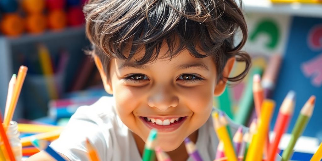 Child painting with colorful art supplies.