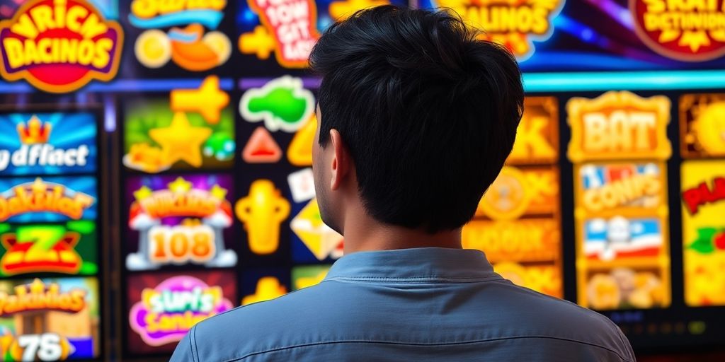 Person choosing between colourful casino game icons.