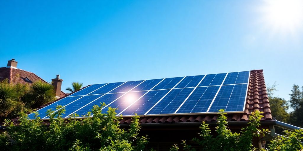 Solar panels on a rooftop against a blue sky.