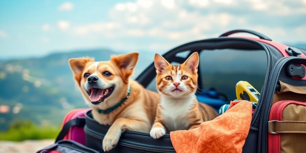 Dog and cat in carrier ready for travel adventure.