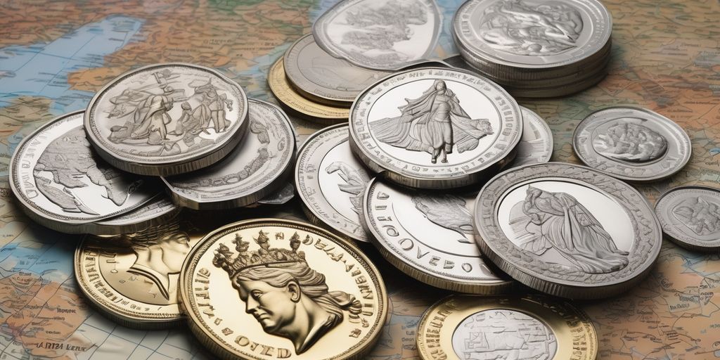 silver coins from around the world, with a focus on Latin American coins, displayed on a map