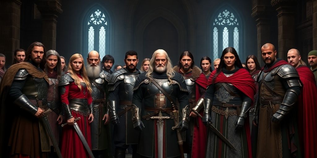 Game of Thrones cast in dark, epic fantasy setting.