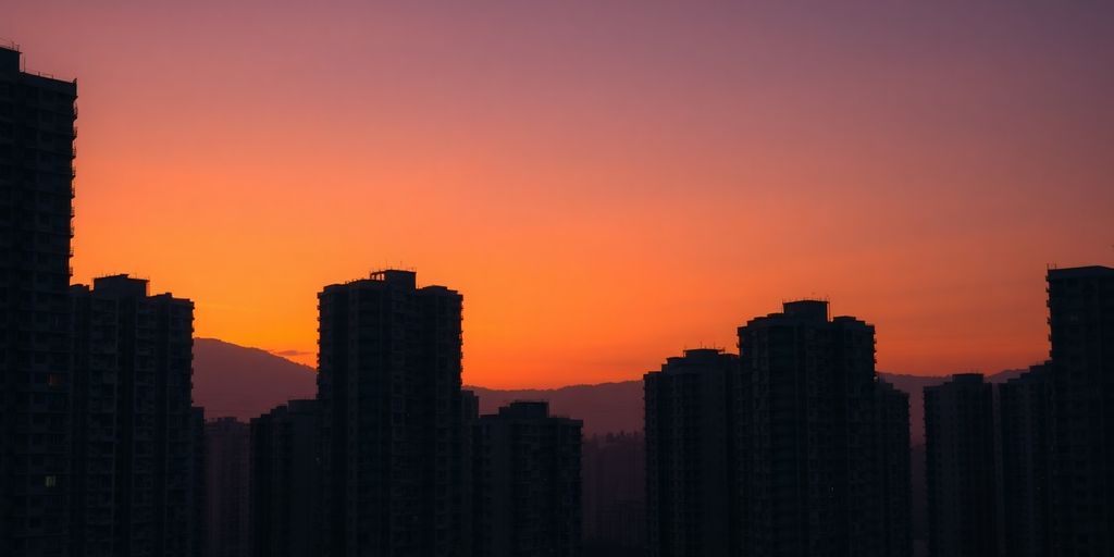 Hong Kong residential buildings at sunset.