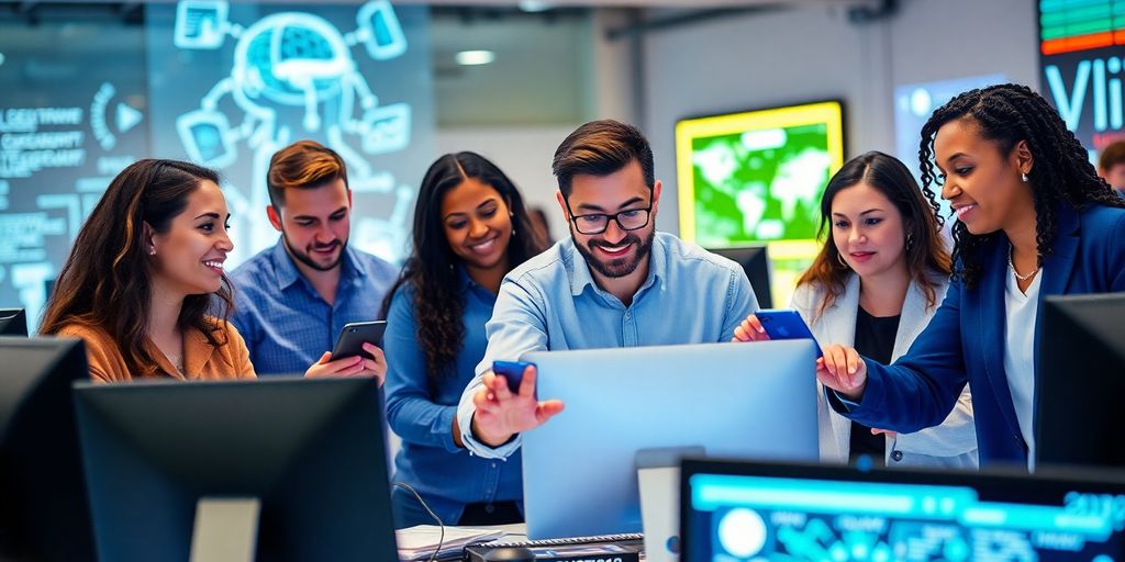 Grupo diversificado trabalhando com tecnologia avançada.