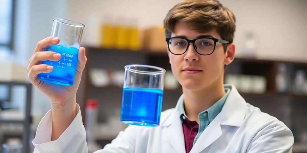 Undergraduate student in lab coat, holding beaker.