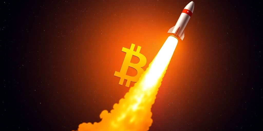 SpaceX rocket ascending with Bitcoin symbol.
