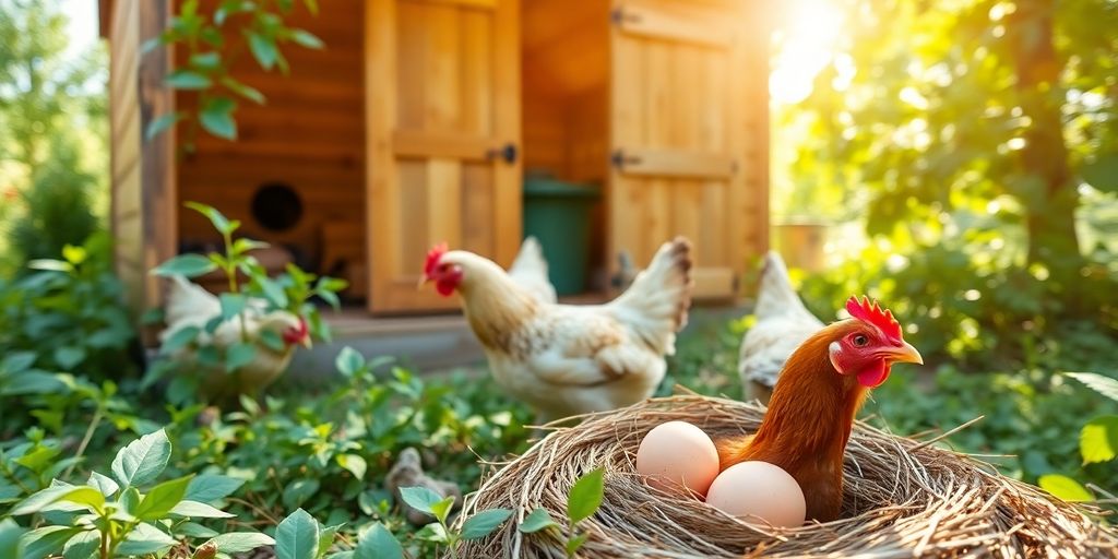 Chickens in a coop with fresh eggs in a nest.