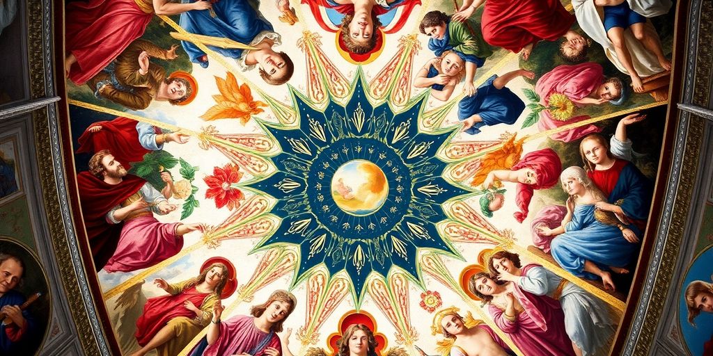 Frescoes on the Sistine Chapel ceiling by Michelangelo.