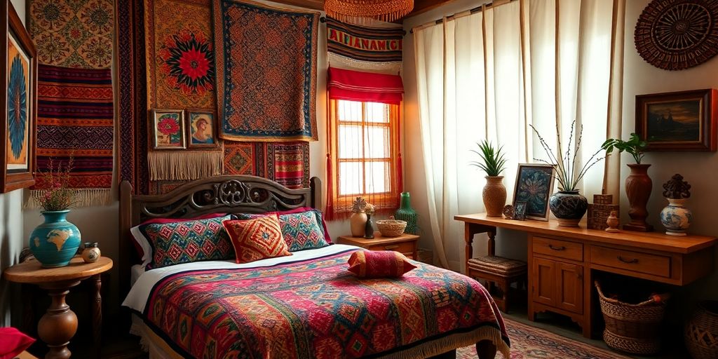 Bedroom blending global styles with rich textiles.