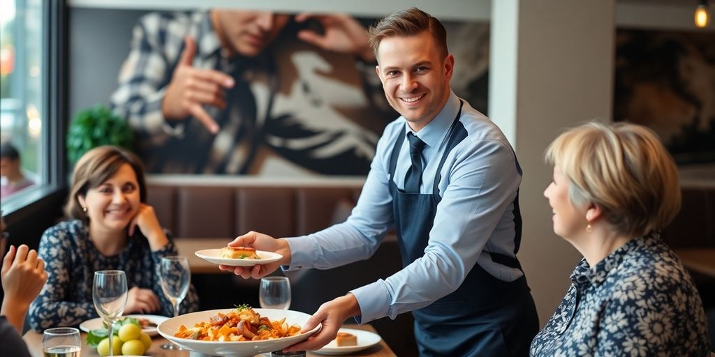 Een ober brengt een gerecht naar een tevreden klant aan tafel.
