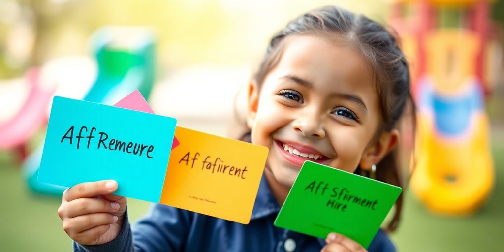 Child smiling confidently after using affirmation cards.