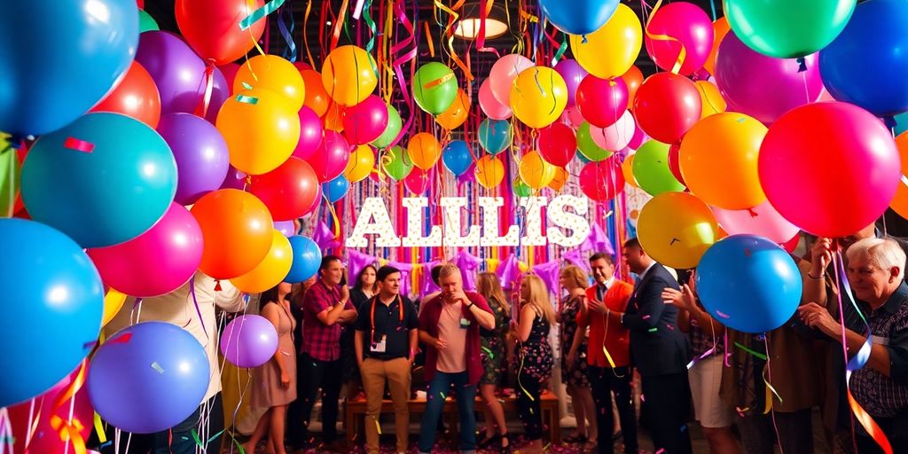 Festive Dallas party scene with balloons and decorations.