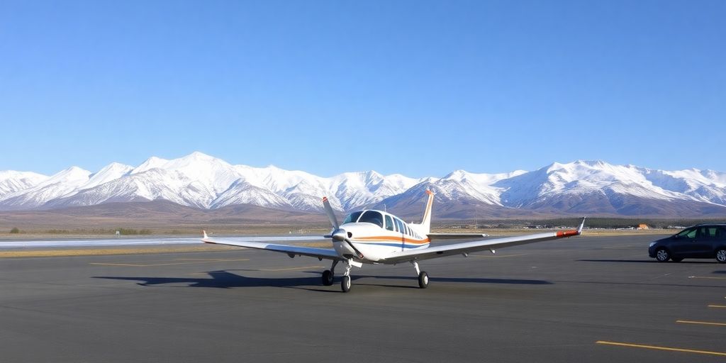 A small plane at an Alaskan airport near mountains.