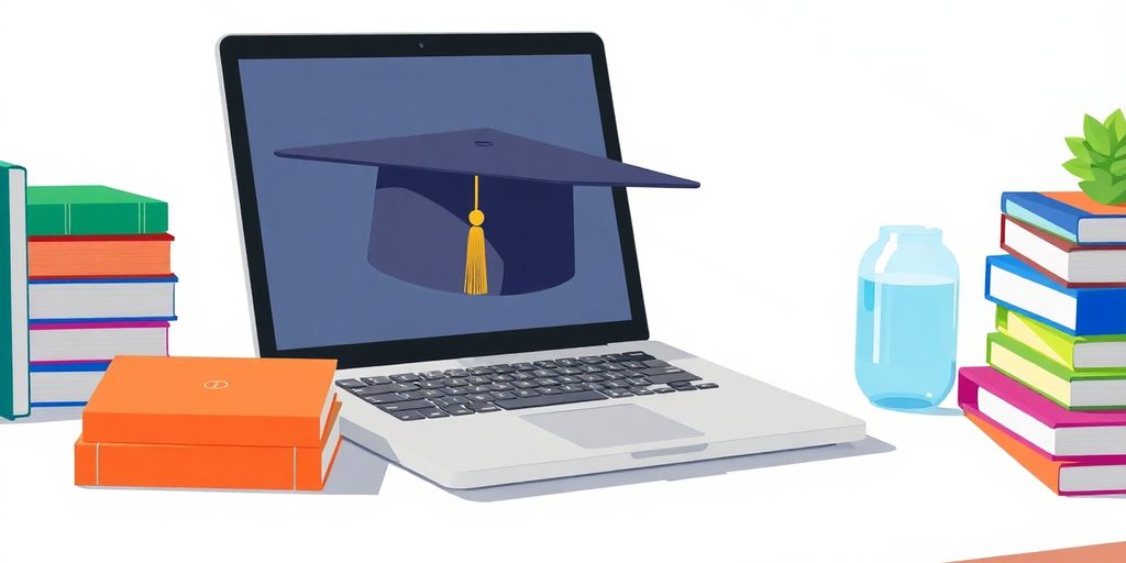Open laptop, textbooks, and a graduation cap on a desk.