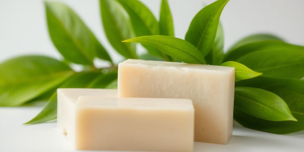 Bar of soap next to a lush green plant.