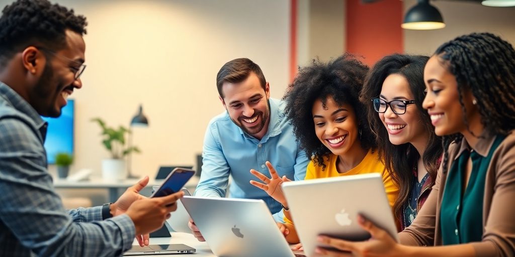 Group collaborating on social media marketing strategies.