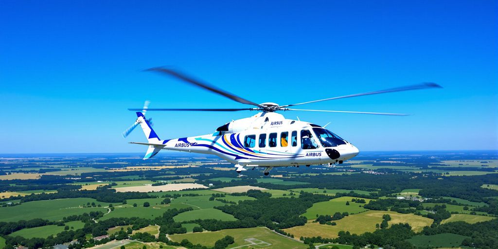 Airbus helicopter flying in a clear blue sky.