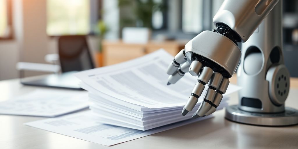 Robotic arm sorting financial documents on a desk.