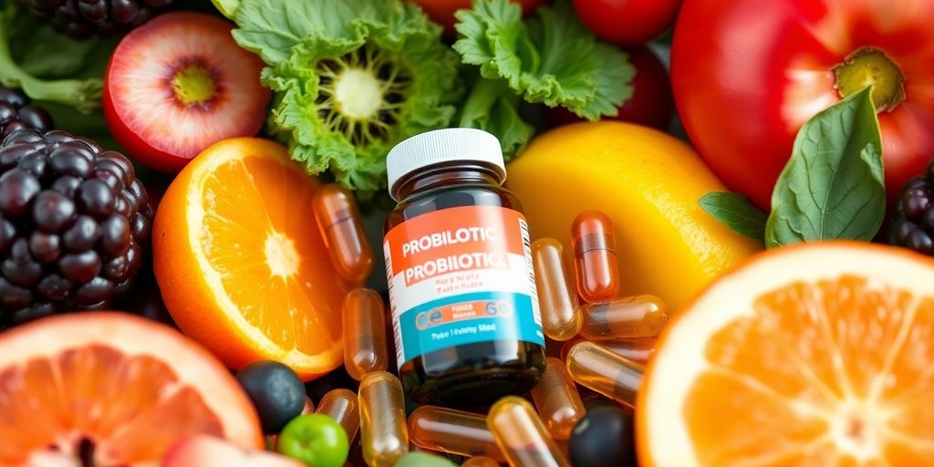 Probiotic capsules with fresh fruits and vegetables on a table.